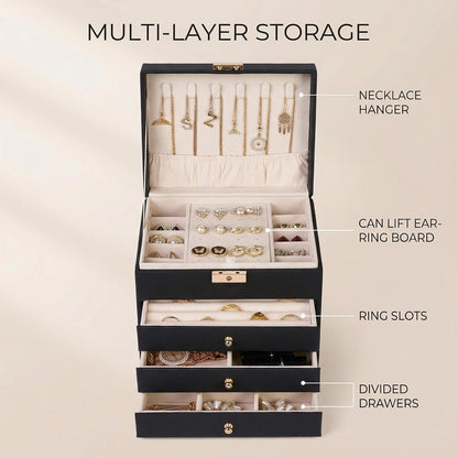 Leather Jewelry Box with Lock for Women, 4-Tier 3-Drawer Jewelry Organizer