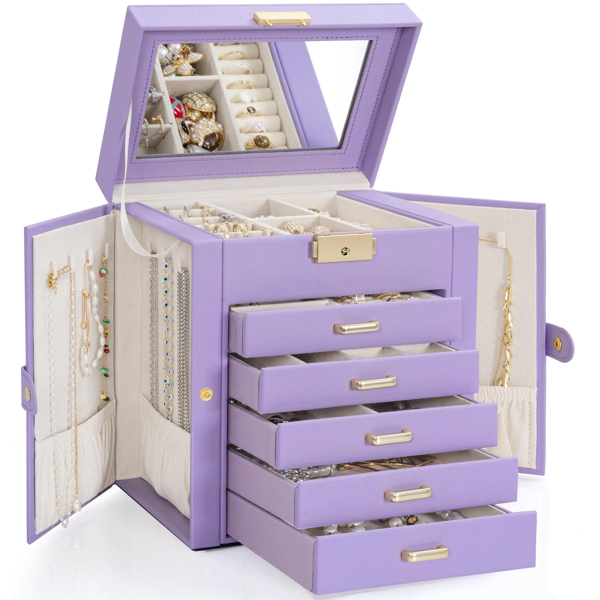 TORIBIO Jewelry Box for Women, Leather Jewelry Organizer with Mirror & Lock, 3-Tier Jewelry Storage Organizer with 2 Drawers for Girls/Women/Mothers, Necklace Earring Bracelets Holder Organizer