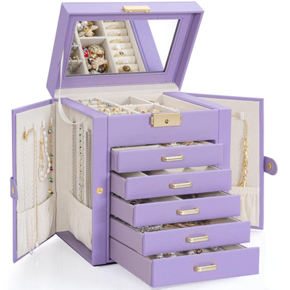 TORIBIO Jewelry Box for Women, Leather Jewelry Organizer with Mirror & Lock, 3-Tier Jewelry Storage Organizer with 2 Drawers for Girls/Women/Mothers, Necklace Earring Bracelets Holder Organizer
