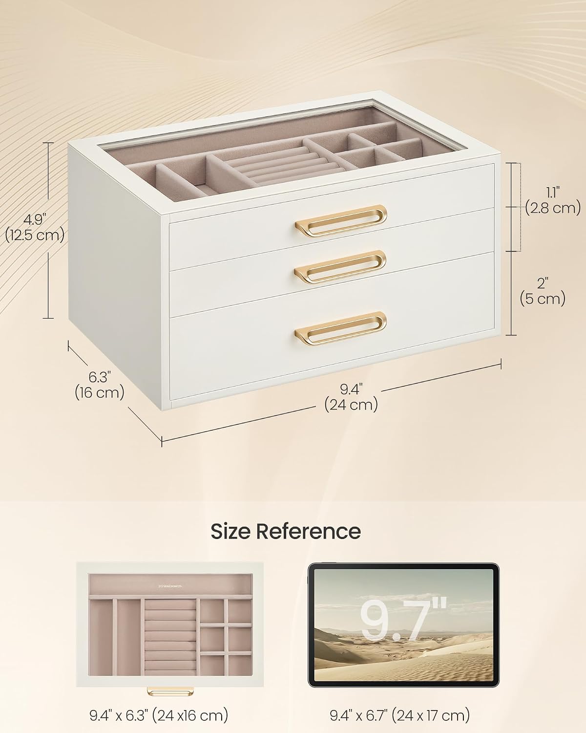 SONGMICS 3-Layer Jewelry Box with Glass Window, 3 Drawers, Golden Handles