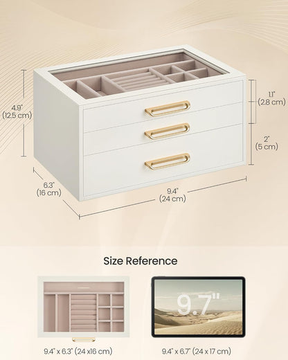 SONGMICS 3-Layer Jewelry Box with Glass Window, 3 Drawers, Golden Handles