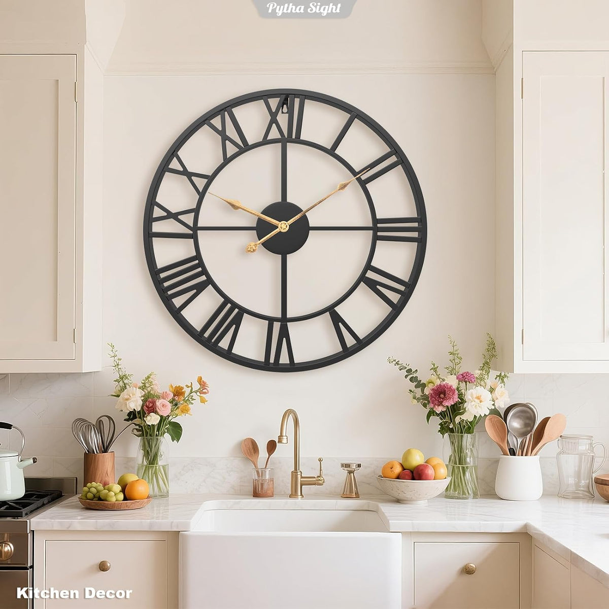 Pytha Sight 30 Inch Black Large Roman Numeral Wall Clocks for Living Room