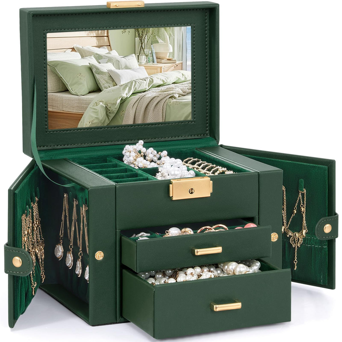 TORIBIO Jewelry Box for Women, Leather Jewelry Organizer with Mirror & Lock, 3-Tier Jewelry Storage Organizer with 2 Drawers for Girls/Women/Mothers, Necklace Earring Bracelets Holder Organizer