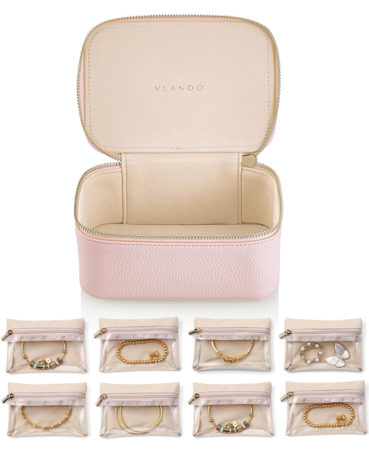VLANDO Jewelry Boxes for Women with 12 Clear Velvet Zipper Pouches,Green