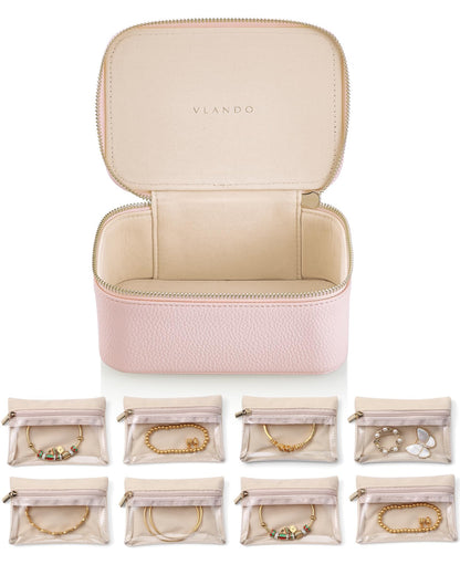 VLANDO Jewelry Boxes for Women with 12 Clear Velvet Zipper Pouches,Green