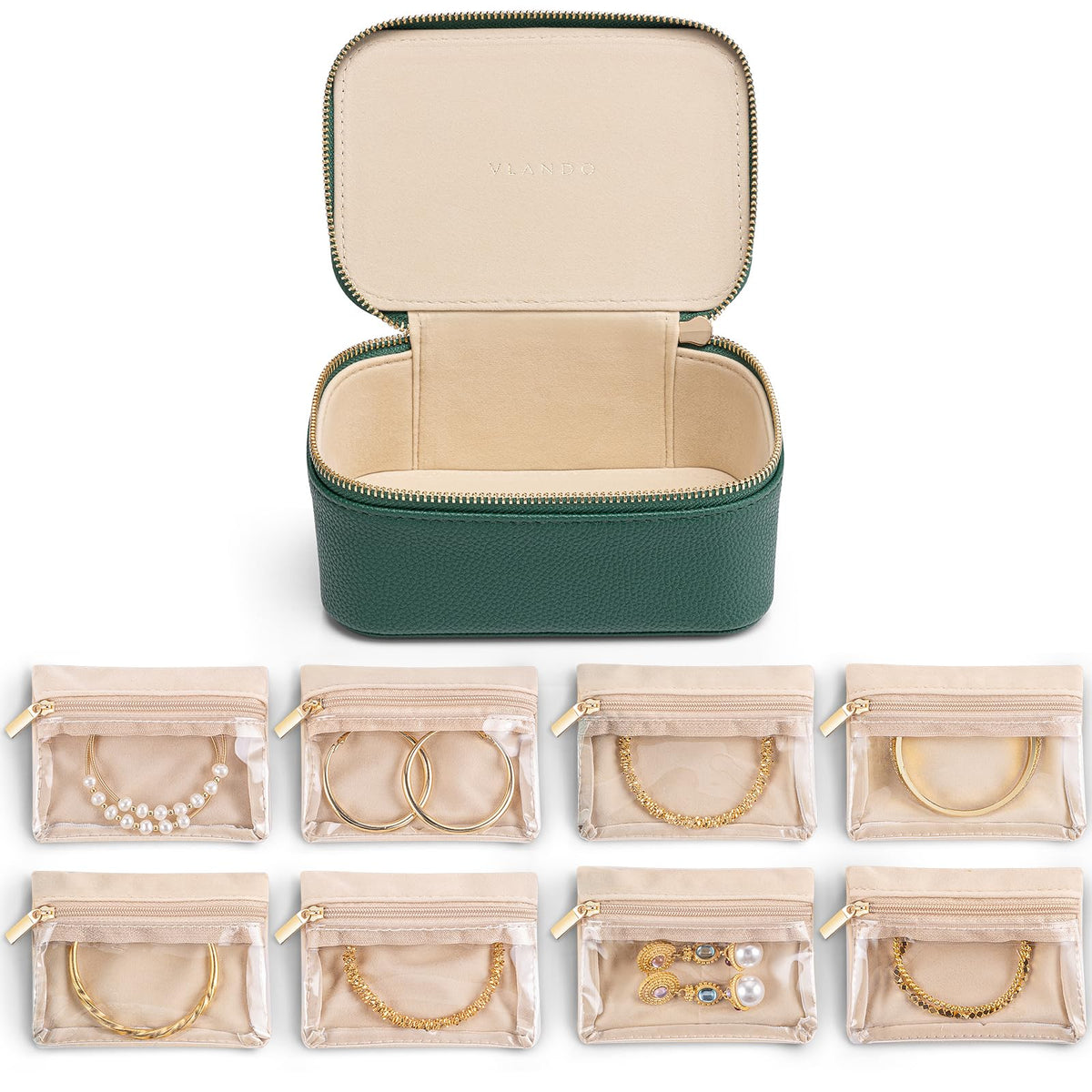 VLANDO Jewelry Boxes for Women with 12 Clear Velvet Zipper Pouches,Green