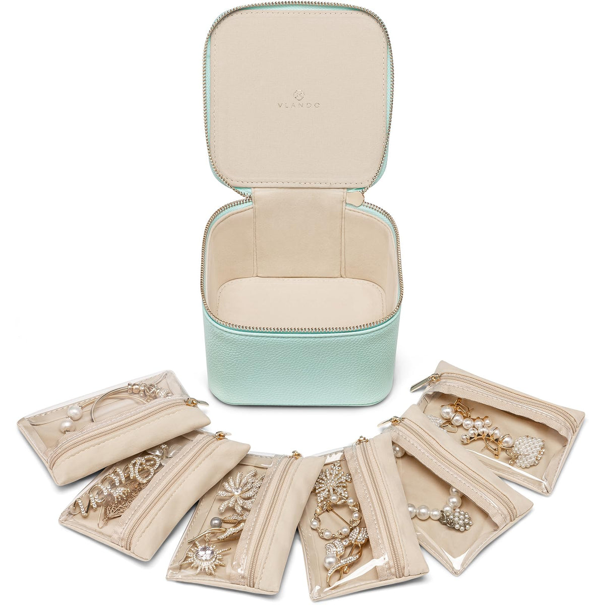 VLANDO Jewelry Boxes for Women with 12 Clear Velvet Zipper Pouches,Green