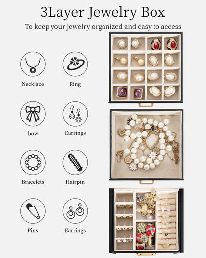 TORIBIO Jewelry Box for Women, Leather Jewelry Organizer with Mirror & Lock, 3-Tier Jewelry Storage Organizer with 2 Drawers for Girls/Women/Mothers, Necklace Earring Bracelets Holder Organizer