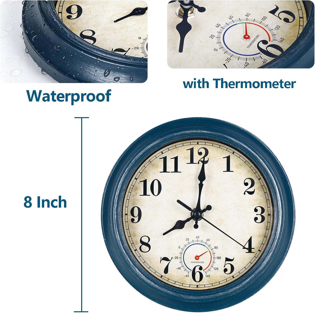 Wall Clock Battery Operated Silent Small Rustic Wall Clocks for Kitchen Bathroom Bedroom 8 Inch Blue