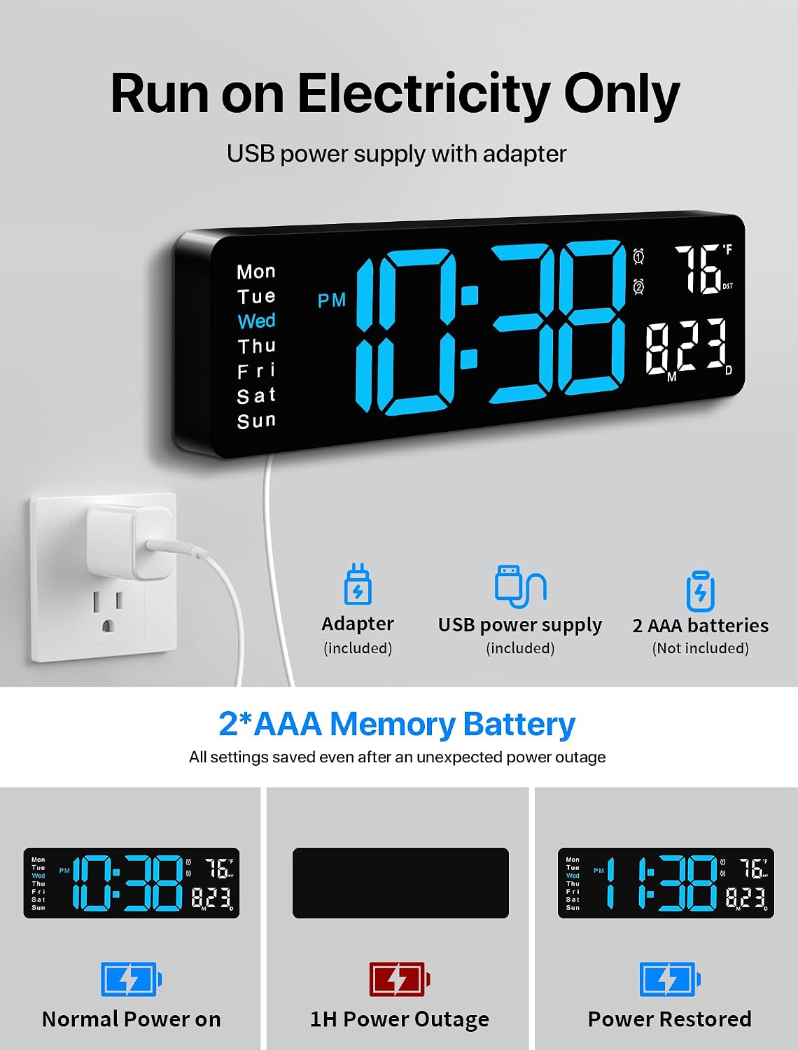 MASHI Digital Wall Clock, 16" Large Display Digital Clock with Remote Control, Auto-Dimming Wall Clock with Night Light, DST, Date Week,Temp for Living Room, Bedroom, Decor, for Elderly