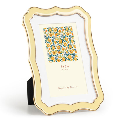 4x6 Enamel Picture Frame with HD-Tempered Glass, Display 3x5 Photo with Mat, Ornate Photo Frame with Gold Metal Edge & Velvet Back for Tabletop & Wall Mount Vertically or Horizontally Display, White
