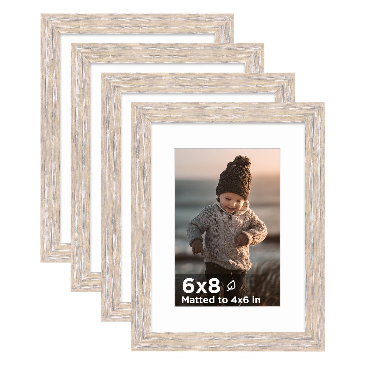 KINLINK 5x7 Picture Frame White Set of 4, Wooden Photo Frames Matted 4x6 with Plexiglass for 4x6 with Mat or 5x7 without Mat for Table and Wall Display