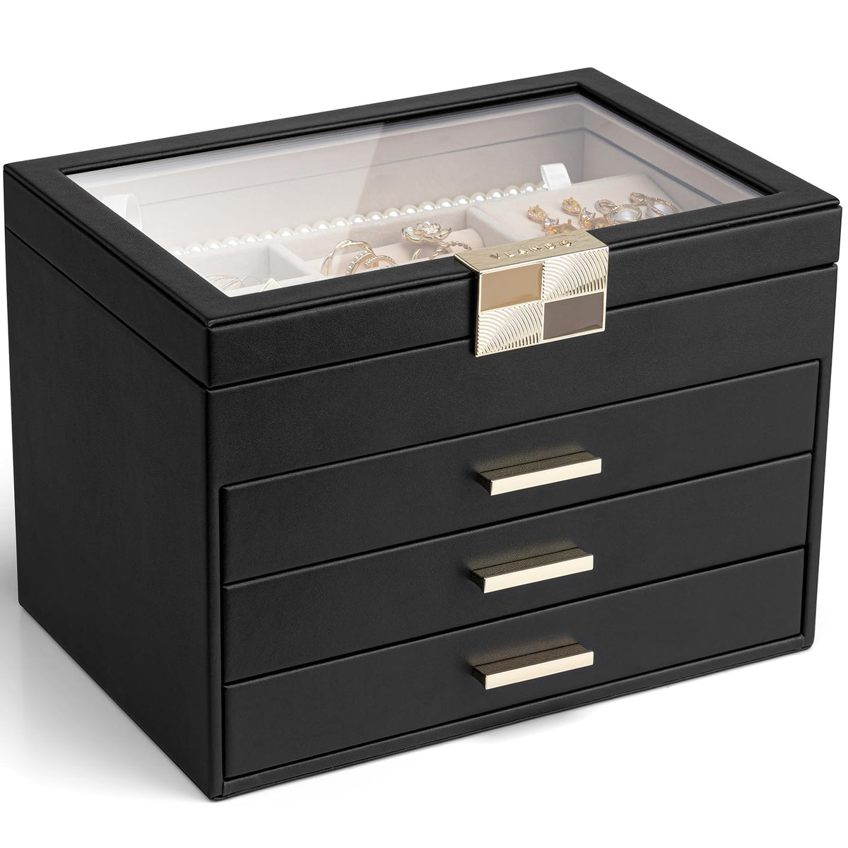 VLANDO Jewelry Box Organizer, 3-Layer Storage with Glass Window