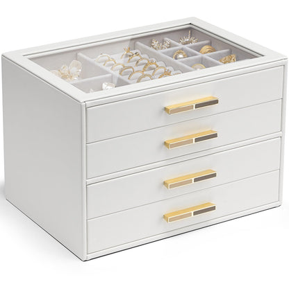 VLANDO Jewelry Box Organizer, 3-Layer Storage Drawers, Glass Window, Modern