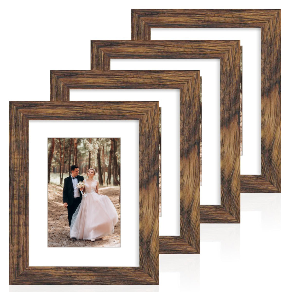 iRahmen 5x7 Picture Frame Set of 4, High Definition Real Glass Rustic Brown Frame, 5 x 7 Wood Photo Frames for Tabletop Display and Wall Mounting