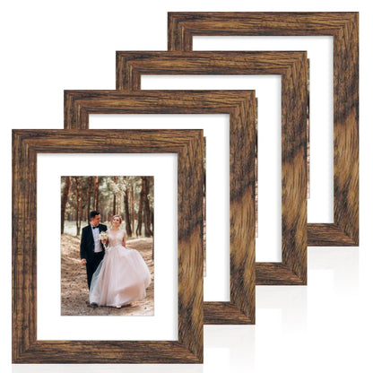 iRahmen 5x7 Picture Frame Set of 4, High Definition Real Glass Rustic Brown Frame, 5 x 7 Wood Photo Frames for Tabletop Display and Wall Mounting
