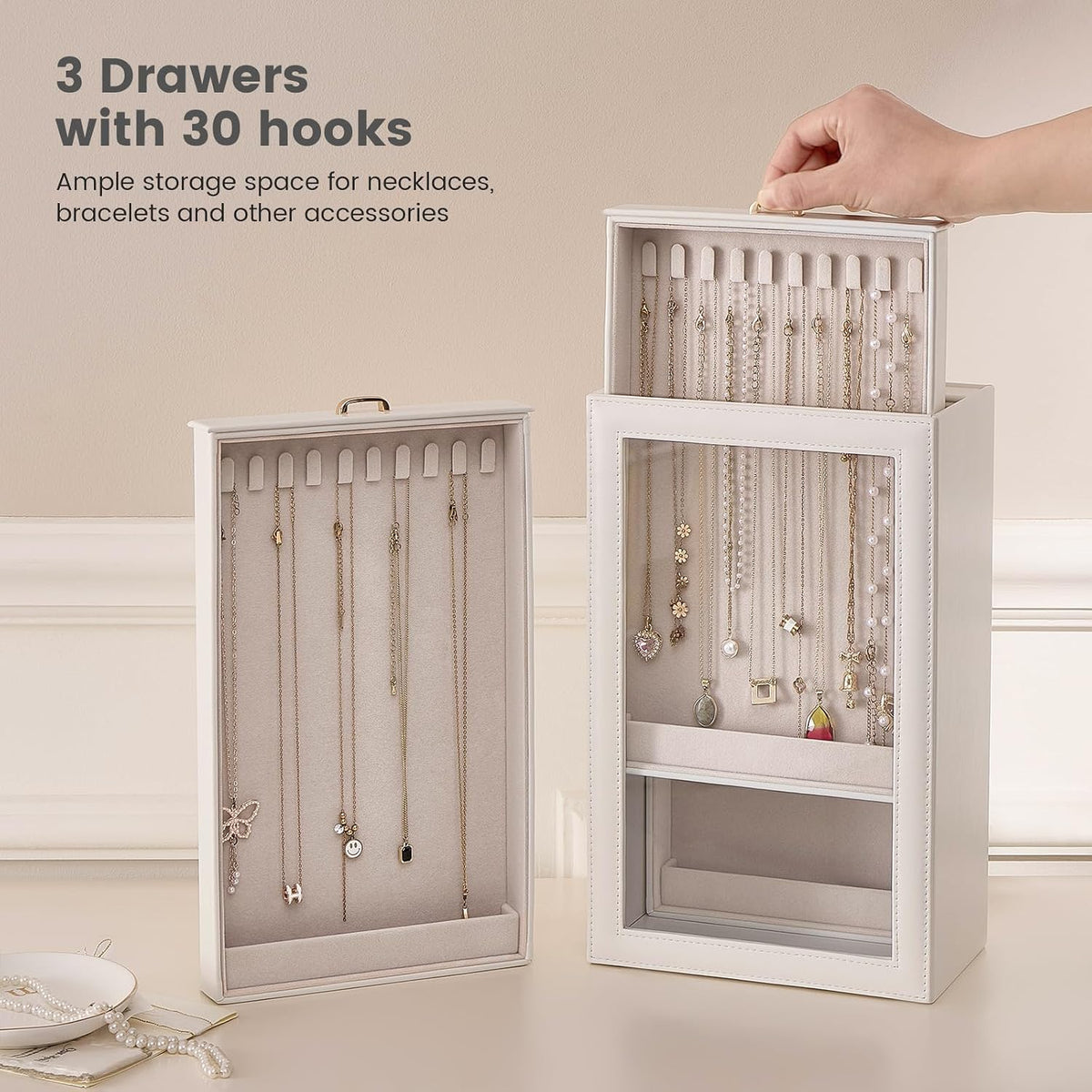 Lolalet Necklace Organizer Box, Jewelry Display Case, White, 3 Layers