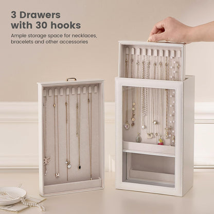 Lolalet Necklace Organizer Box, Jewelry Display Case, White, 3 Layers
