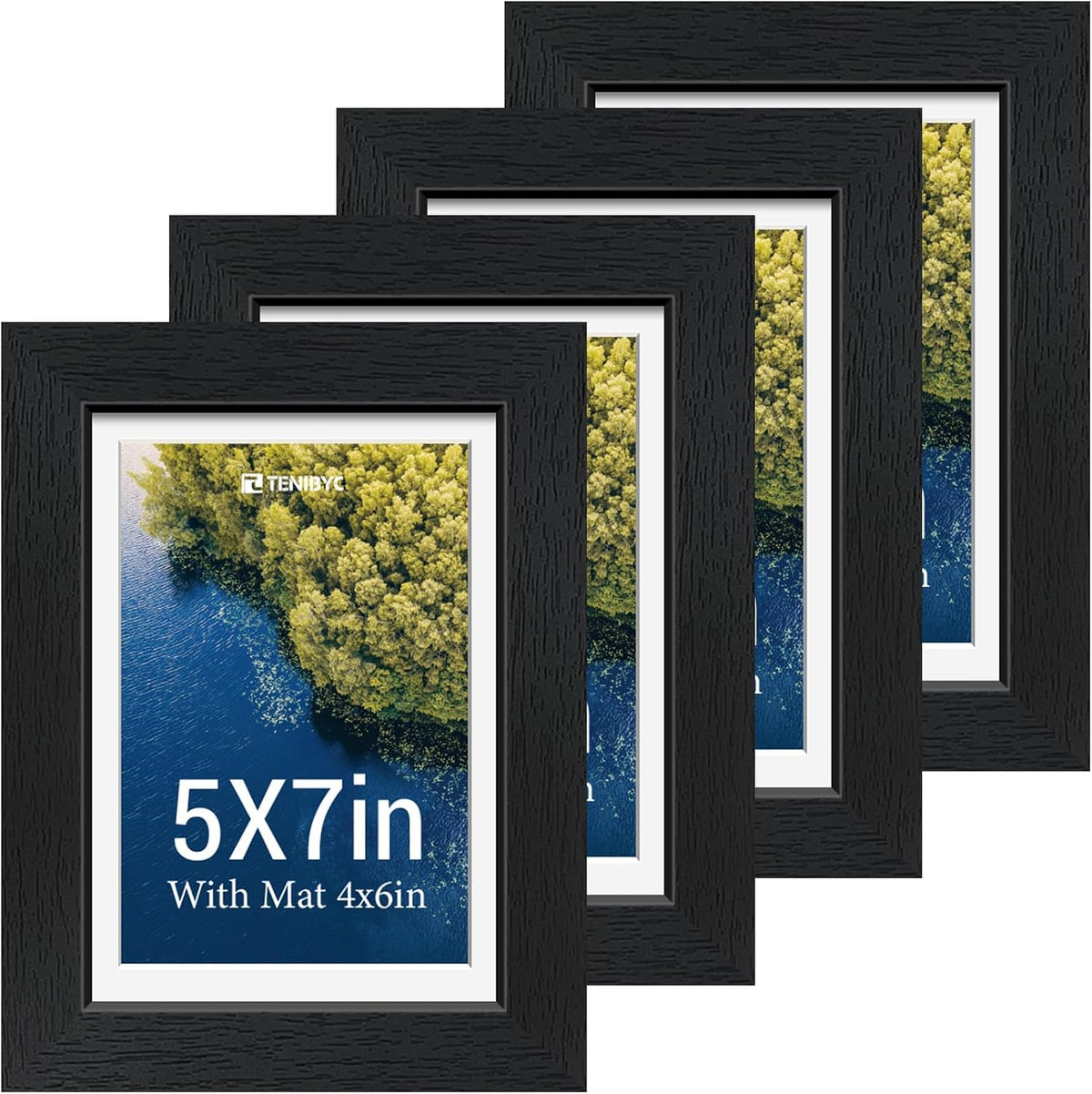 5x7 picture frame 4 Pack, 4x6 Mat, Black Wood, Glass, for Photo