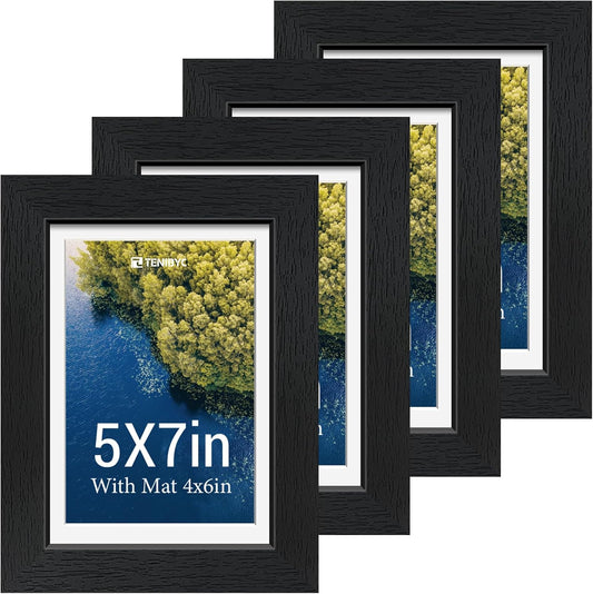 5x7 picture frame 4 Pack, 4x6 Mat, Black Wood, Glass, for Photo