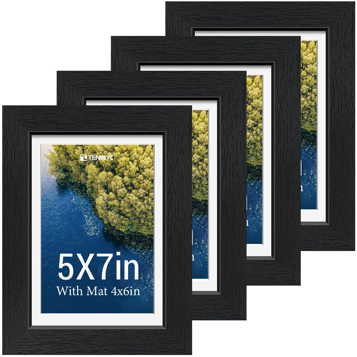 5x7 picture frame 4 Pack, 4x6 Mat, Black Wood, Glass, for Photo