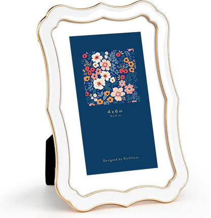4x6 Enamel Picture Frame with HD-Tempered Glass, Display 3x5 Photo with Mat, Ornate Photo Frame with Gold Metal Edge & Velvet Back for Tabletop & Wall Mount Vertically or Horizontally Display, White