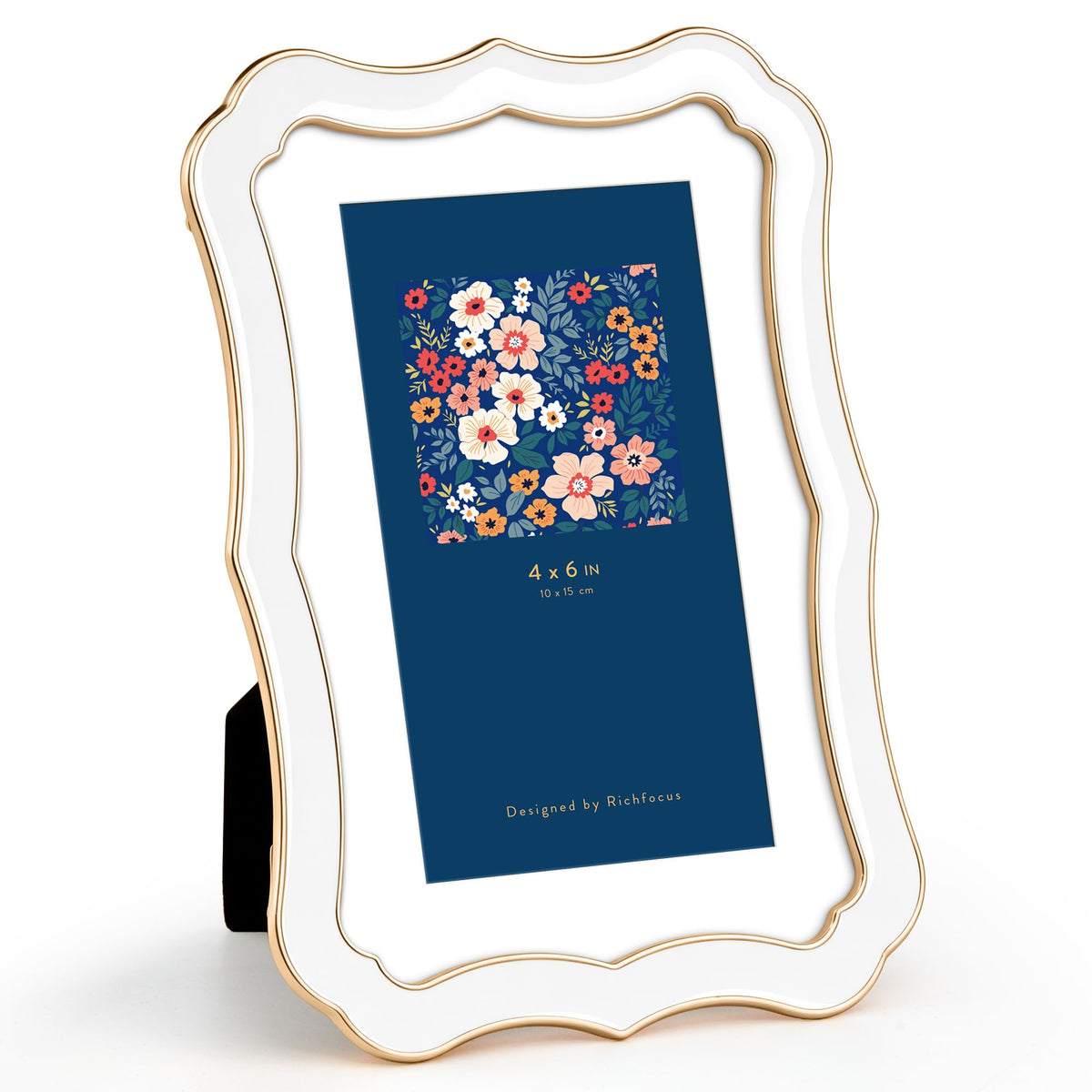 4x6 Enamel Picture Frame with HD-Tempered Glass, Display 3x5 Photo with Mat, Ornate Photo Frame with Gold Metal Edge & Velvet Back for Tabletop & Wall Mount Vertically or Horizontally Display, White