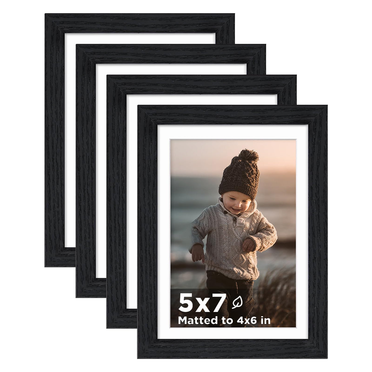 KINLINK 5x7 Picture Frame White Set of 4, Wooden Photo Frames Matted 4x6 with Plexiglass for 4x6 with Mat or 5x7 without Mat for Table and Wall Display