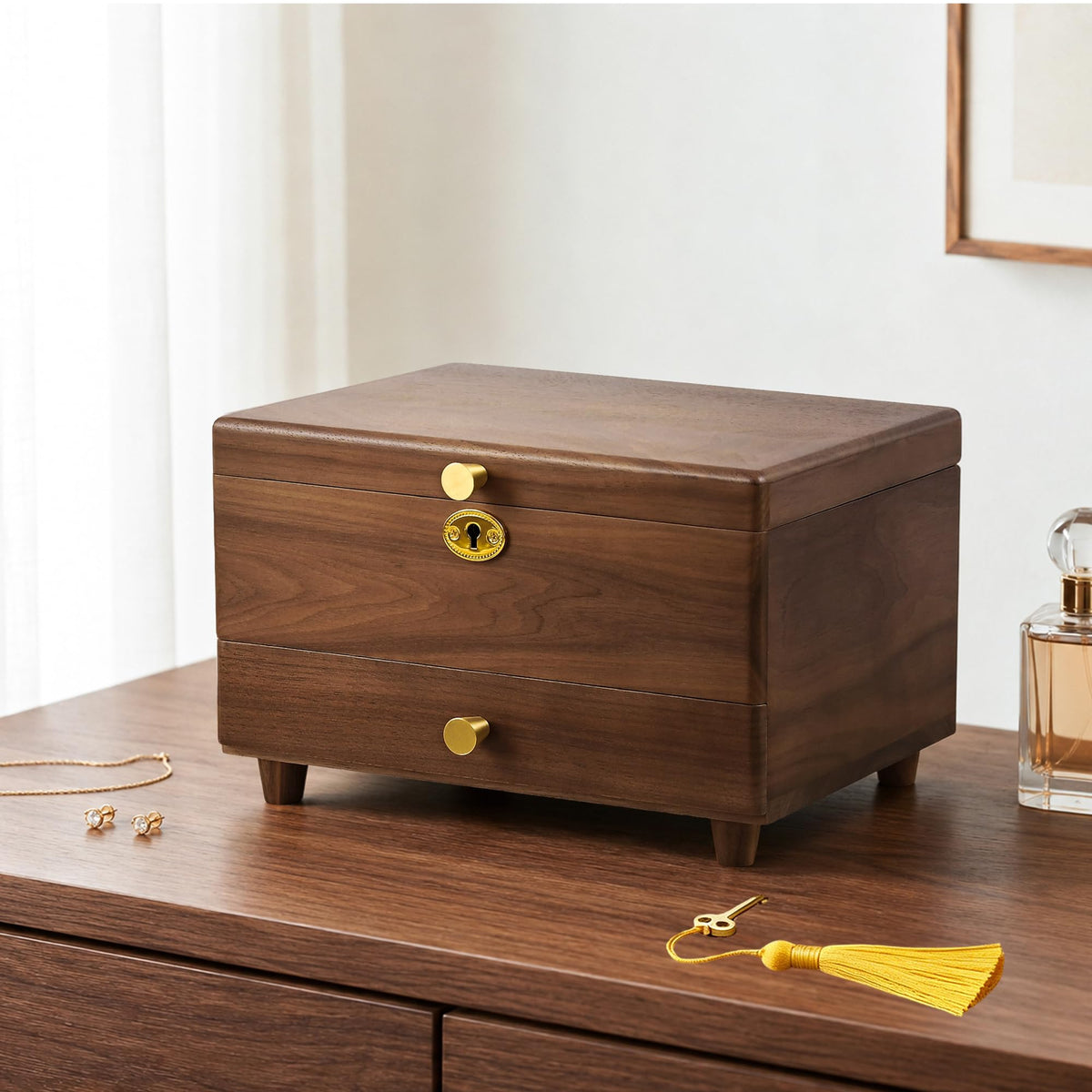 Black Walnut Wooden Jewelry Box for Women, 3 Layer Organizer with Drawer
