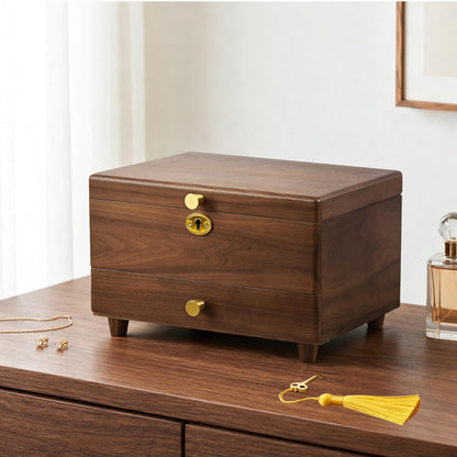 Black Walnut Wooden Jewelry Box for Women, 3 Layer Organizer with Drawer