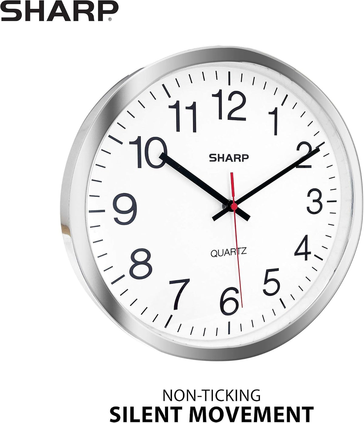 Sharp 12-Inch Battery Wall Clock, Silent Non-Ticking, Easy-Read, Silver