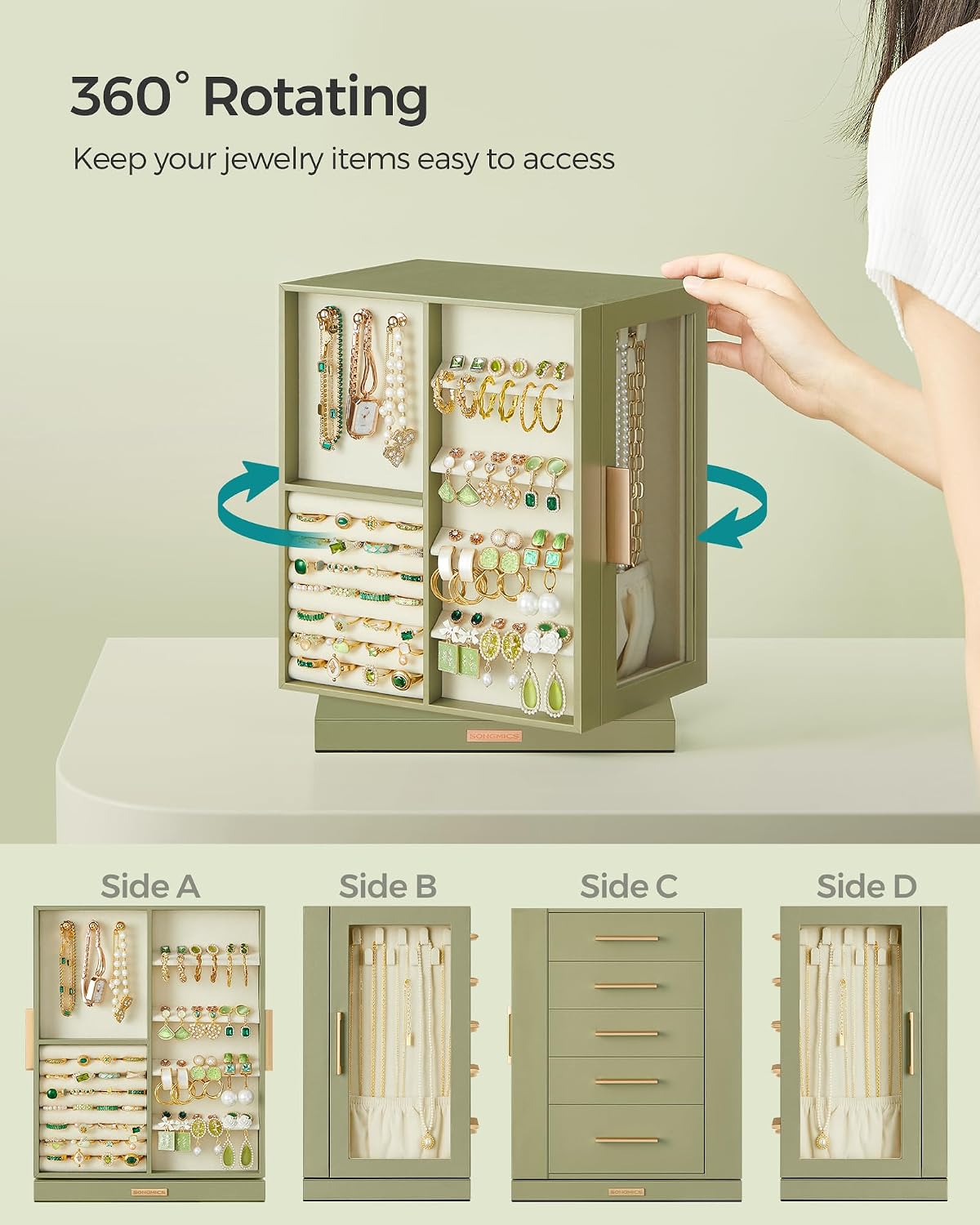 SONGMICS Jewelry Box Organizer, 360° Rotating, 5 Drawers, Laurel Green