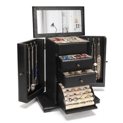 Emfogo Jewelry Box for Women, Rustic Wooden Jewelry Boxes & Organizers with Mirror, 4 Layer Jewelry Organizer Box Display for Rings Earrings Necklaces Bracelets (Rustic Brown)