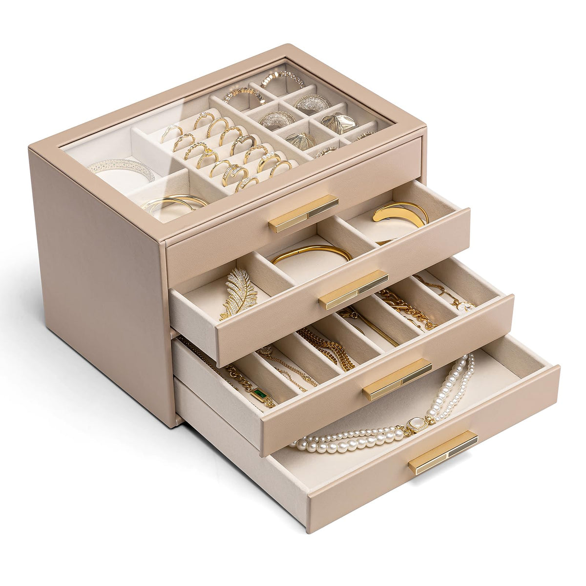Vlando 4-Drawer Jewelry Box Organizer with Glass Lid, White