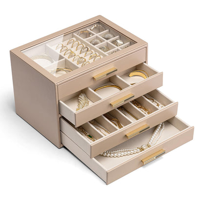 Vlando 4-Drawer Jewelry Box Organizer with Glass Lid, White