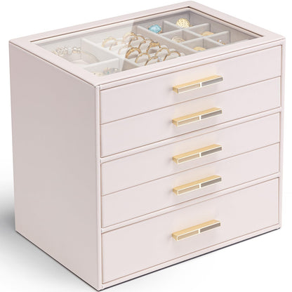 VLANDO Jewelry Box Organizer, 3-Layer Storage Drawers, Glass Window, Modern