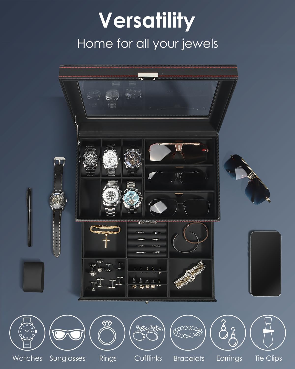 Kukikan Mens Jewelry Box Organizer, 6 Watch Slots & 3 Sunglasses -Black