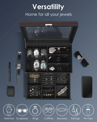 Kukikan Mens Jewelry Box Organizer, 6 Watch Slots & 3 Sunglasses -Black