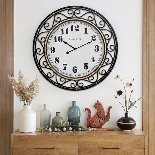 SwallowLiving 24 Inch Vintage Iron Metal Frame Wall Clock Silent, Battery Operated, Elegant Retro Decor for Living Room, Kitchen, Office, Dining Room, and Bedroom