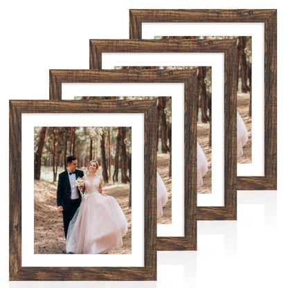 iRahmen 5x7 Picture Frame Set of 4, High Definition Real Glass Rustic Brown Frame, 5 x 7 Wood Photo Frames for Tabletop Display and Wall Mounting