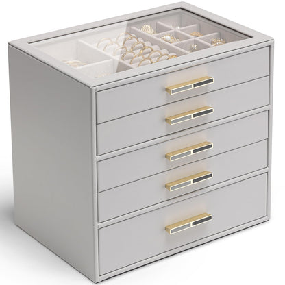 VLANDO Jewelry Box Organizer, 3-Layer Storage Drawers, Glass Window, Modern
