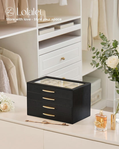 Lolalet Jewelry Box Organizer Case with Glass Lid for Women -4Layer, Black