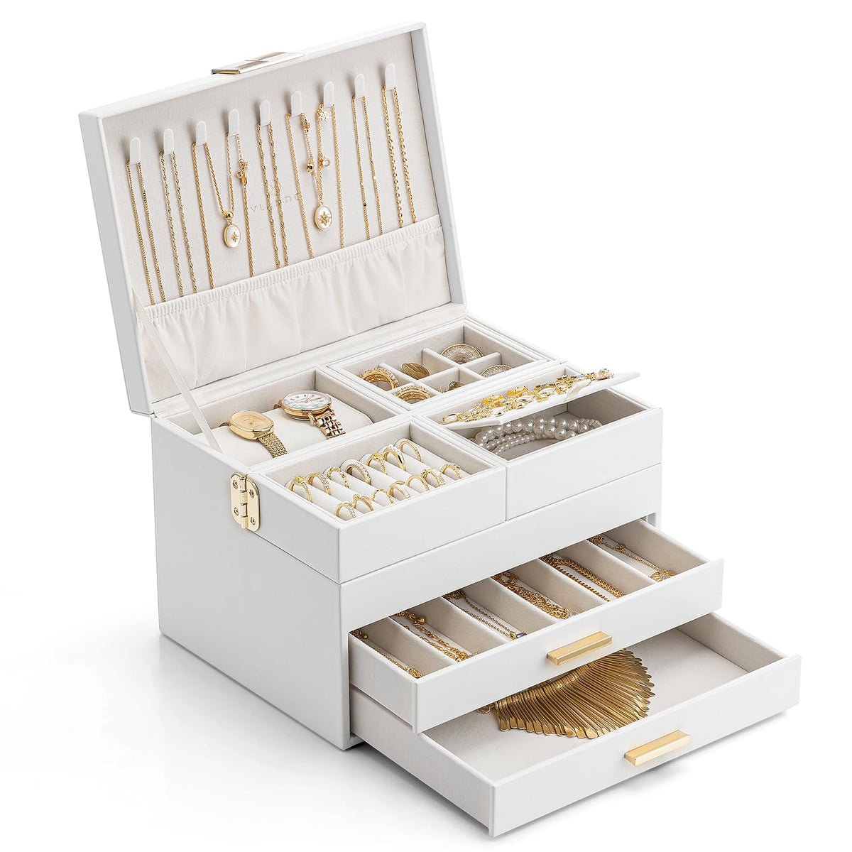 VLANDO Jewelry Box,4-Layer Design with Retractable Tray and 2 Drawers