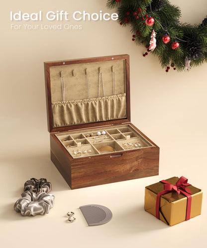 Acacia Wood Jewelry Box with Hinged Lid and Removable Velvet Tray