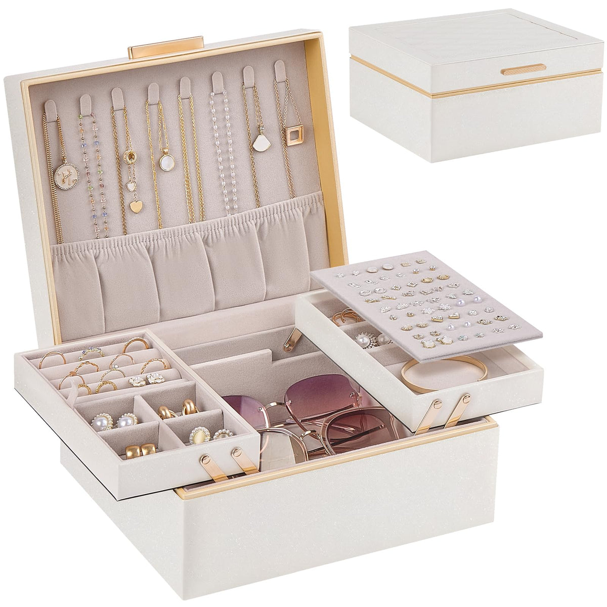 Lolalet Jewelry Box for Women Girls, 2 Layer Jewelry Organizer -Cream