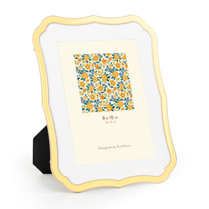 4x6 Enamel Picture Frame with HD-Tempered Glass, Display 3x5 Photo with Mat, Ornate Photo Frame with Gold Metal Edge & Velvet Back for Tabletop & Wall Mount Vertically or Horizontally Display, White