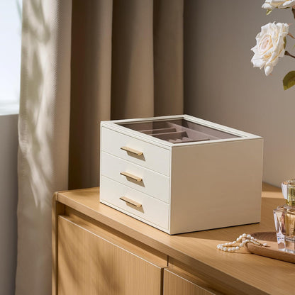 Jewelry Box Organizer Storage Case, 3-Layer with Glass Window, White