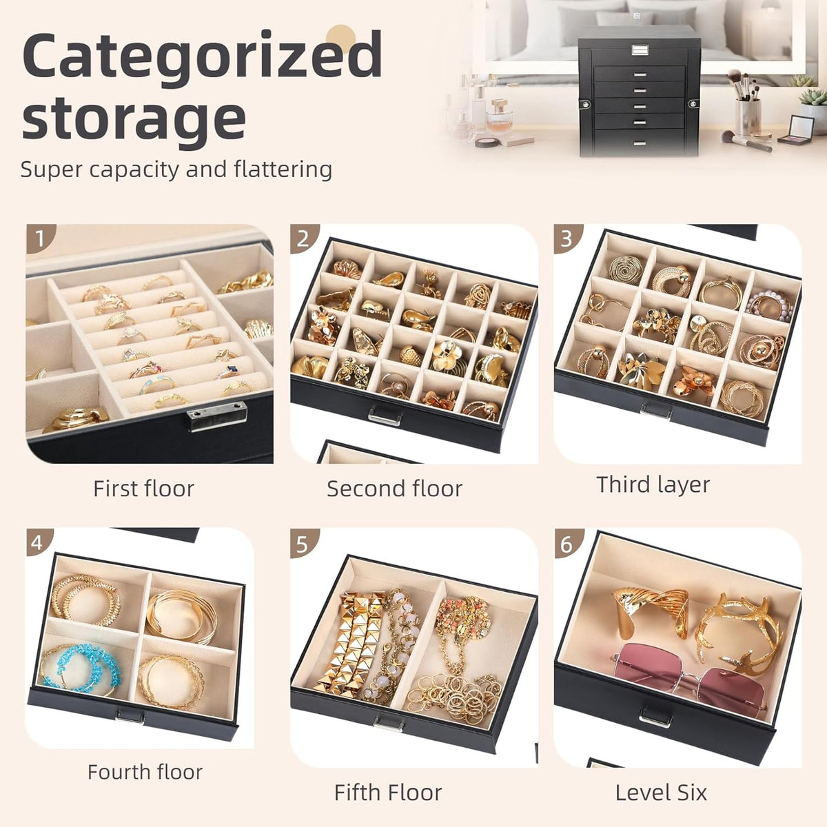 BOOVO Large Jewelry Box for Women 6 Layer