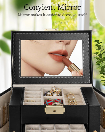 TORIBIO Jewelry Box for Women, Leather Jewelry Organizer with Mirror & Lock, 3-Tier Jewelry Storage Organizer with 2 Drawers for Girls/Women/Mothers, Necklace Earring Bracelets Holder Organizer