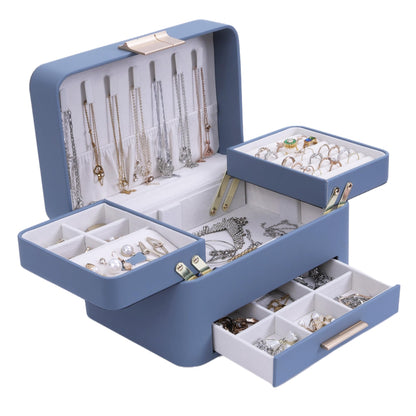 KAMIER Jewelry Box, 3 Layers Jewelry Organizer with Drawers, PU Leather Jewelry Storage Organizer for Earring, Ring, Necklace, Bracelets, Christmas Gift, Bluish Grey